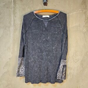 Mineral Wash Able Thermal Waffle Knit Button Cuff Long Sleeve Boho Geometric USA